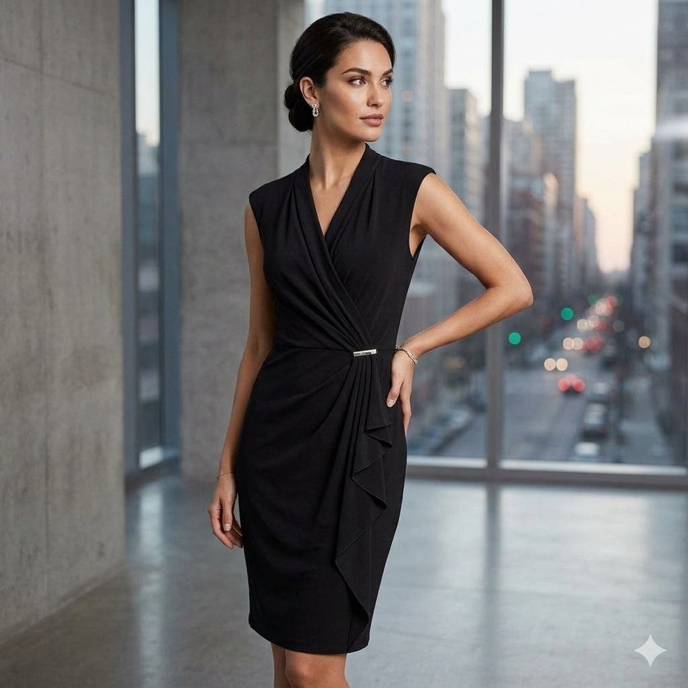White House Black Market Womens 6 Black Ruffle Faux Wrap Sheath Dress 4501204454